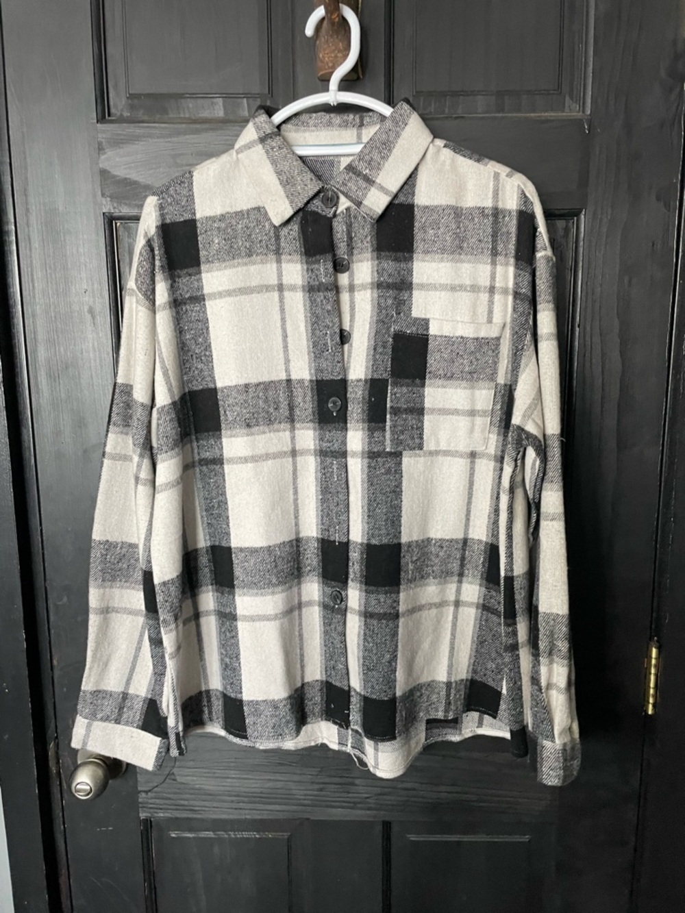 Black & White Plaid Button-Up Shirt- oversized shirt jacket.